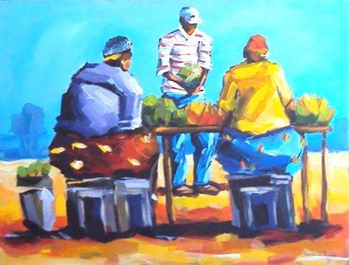 "RURAL VENDORS" - TAURAI BANDA ORIGINAL- OIL & ACRYLICS ON CANVAS STRETCHED OVER BOARD  (830 x 630)