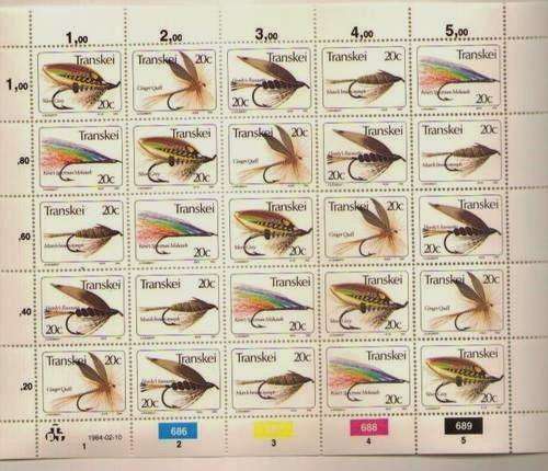 TRANSKEI - FULL SHEET OF 25 MINT STAMPS - FLY FISHING 1984