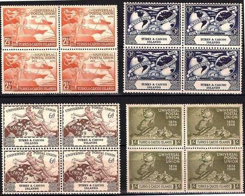 THEMATICS (POSTAL HISTORY) - UPU SET - BLOCKS OF 4 VERY FINE UM TURKS & CAICOS ISLANDS SPECIALS !