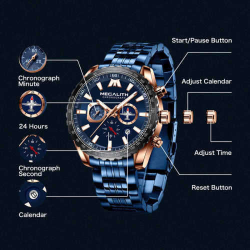 2020 MEGALITH Chronograph Multi Dial Working Powerful Waterproof Luxury Mens Watch