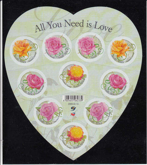 RSA: 13.2.2009: ALL YOU NEED IS LOVE GREETINGS STAMPS - U/MINT SHEETLET OF10 STAMPS