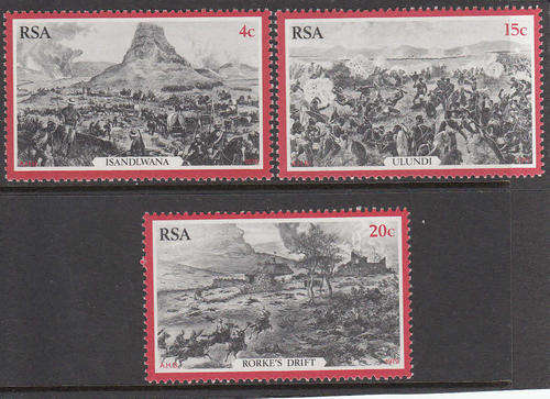 RSA: SACC 463-465: CENTENARY OF ZULU WAR  - UNMOUNTED MINT SET OF 3 STAMPS