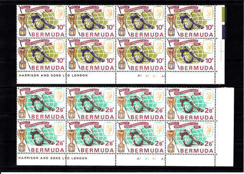 BERMUDA: 1966 WORLD CUP SET OF 2  IN CYL & IMPRINT BLOCKS OF 8. FINE U/MINT. SG 193-194
