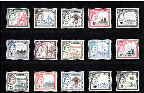 GAMBIA: SG 171-185: 1953/1959 QE II DEFINITIVE SET OF 15. FINE MINT (*)