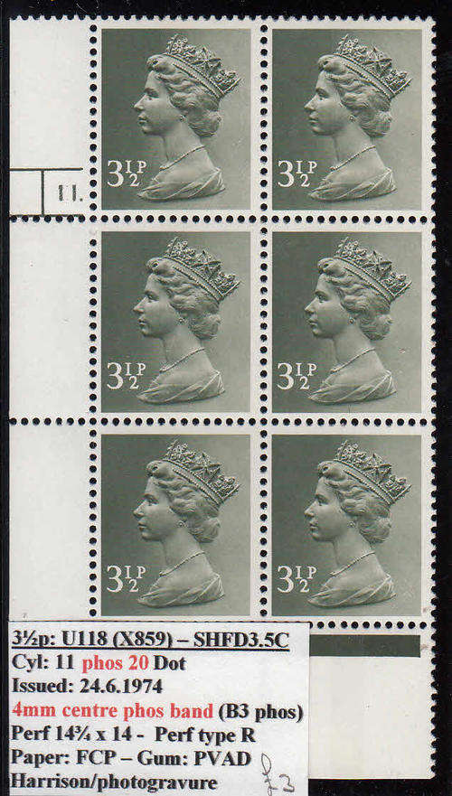 GB: MACHIN 3,5p CYL 11 PHOS 20 DOT. 1 CENTRE PHOS BAND. FLUORESCENT COATED PAPER. PTG. HARRISON
