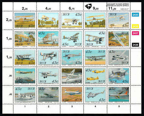 RSA: SACC 822: 7.5.1993: AVIATION SHEET OF 25 DESIGNS. U/MINT(**), CV 2017 R100.