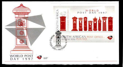 RSA: 9.10.1997 - FDC 6.67 - WORLD POST DAY 1997 MINIATURE SHEET