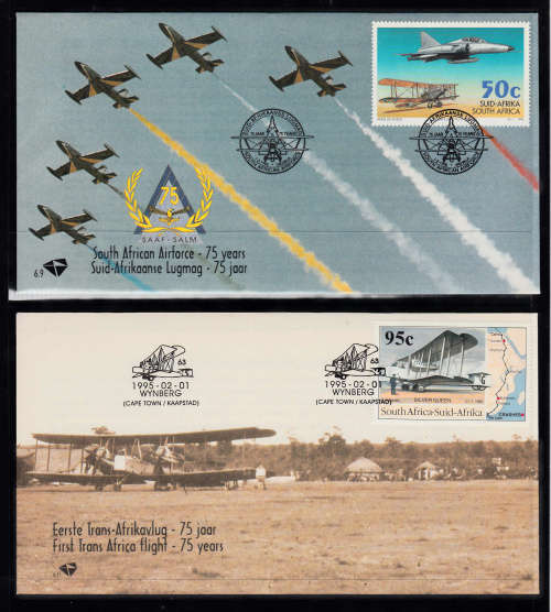 RSA: FDC 6.9 & 6.11: 1.2.1995: 2 COVERS - 75TH ANNIVERSARY SA AIRFORCE & FIRST TRANS AFRICA FLIGHT