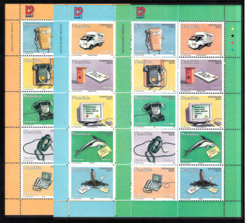 NAMIBIA: SACC 410-412: 26.9.2002: 10TH ANNIV OF NAMPOST - 3 SHEETLETS OF 10 STAMPS EACH. U/MINT(**)