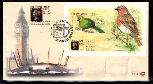 RSA: SACC 1254: FDC 6.115: ISSUED 20.5.2000: BIRDS OF A FEATHER LONDON STAMP SHOW MINIATURE SHEET