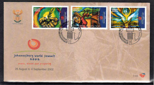 RSA: SACC 1495-1497: FDC 7.44: ISSUED 25.8.2002: JOHANNESBURG WORLD SUMMIT 2ND ISSUE