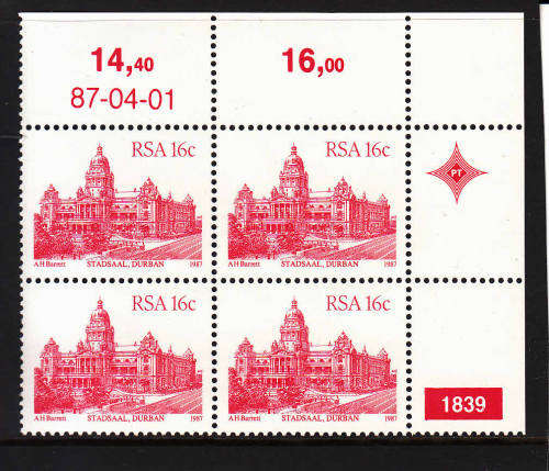 RSA: 4TH DEFIN (BUILDINGS): 16 CENTS PLATE 1839 DATED 1.4.1987. U/MINT(**)