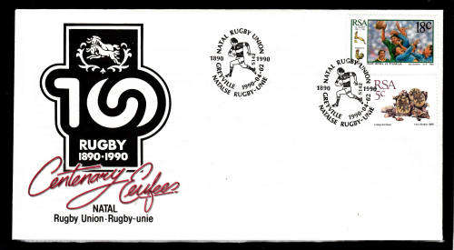 RSA: COMMEM. COVER: CENTENARY NATAL RUGBY UNION. CANCEL GREYVILLE 2.4.1990