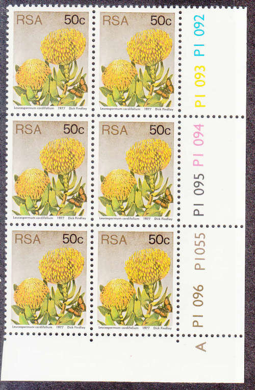 RSA: 3RD DEFIN (PROTEAS) - 50c PANE A NO DATE (P1096-P1092). U/MINT(**)