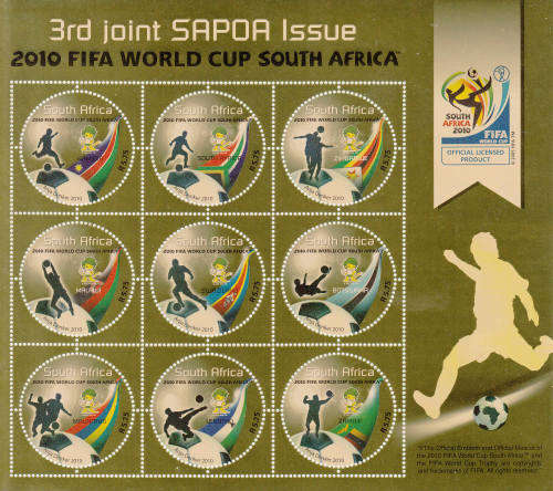 RSA: SACC 2030: 9.4.2010: FIFA WORLD CUP SAPOA GOLD EMBOSSED SHEETLET OF 9. U/MINT(**). CV R300
