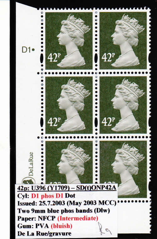 GB:  MACHIN 42p: CYL D1 PHOS D1 DOT.  DE LA RUE PTG. SEE DESCRIPTION