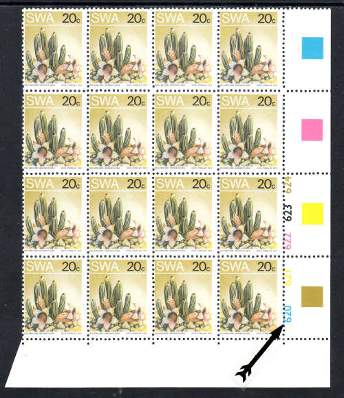 SWA 2ND DEFINITIVE ISSUE (SUCC): 20c CTL BLOCK OF 20 WITH PERF SHIFT TOUCHING CTL NUMBERS. U/M(**)
