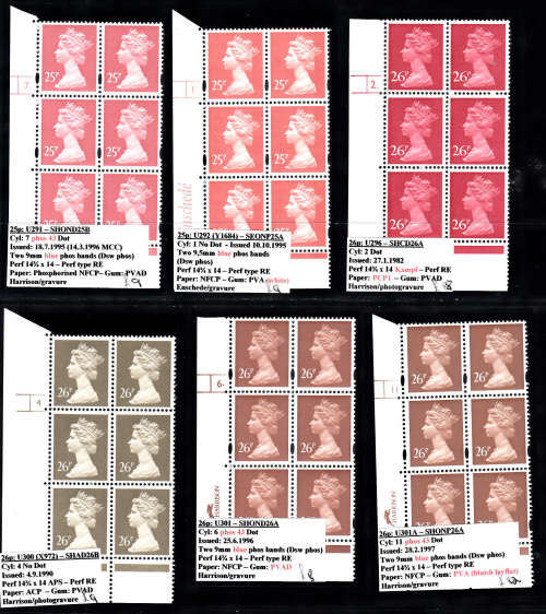 GB:  SELECTION (2) OF 6 MACHIN DEFINITIVE CYLINDER/PLATE BLOCKS. U/MINT(**) GOOD VALUE