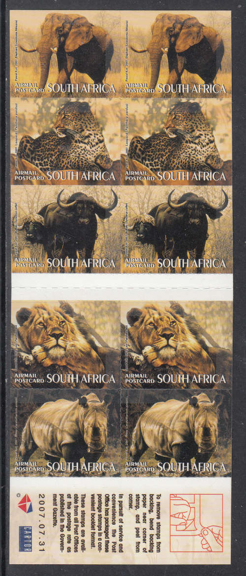 RSA: SACC 1828: 17.8.2007: BIG 5 NEW DESIGN BOOKLET. AIRMAIL POSTCARD RATE