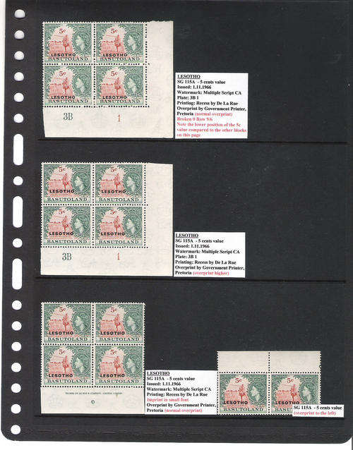 BASUTOLAND/LESOTHO 1966 OVERPRINTS - 5 CENTS PLATE/IMPRINT BLOCKS PLUS VARIETIES AS PER DESCRIPTION