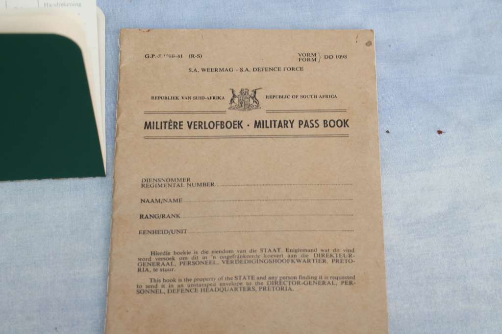 SADF Passbook, Bible, sewing kit, bank book, SADF Driver`s License and kits Receipts.