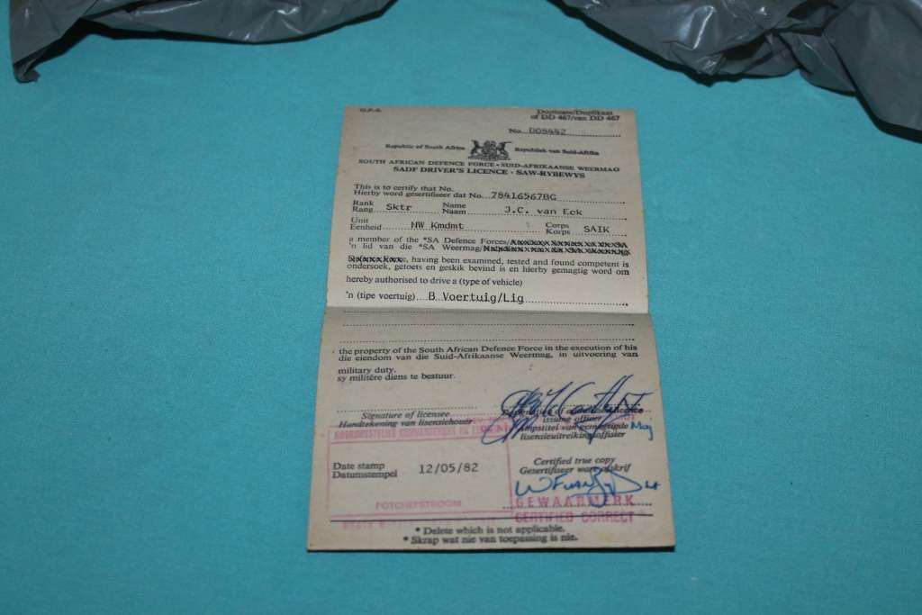 SADF Passbook, Bible, sewing kit, bank book, SADF Driver`s License and kits Receipts.