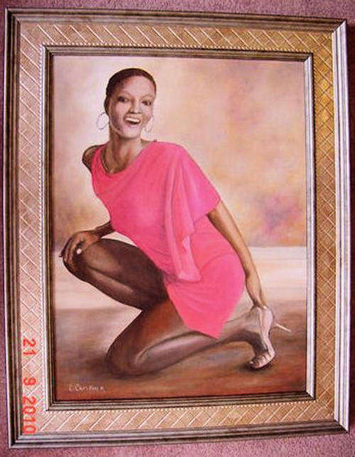 "Pink Lady" by L. Campher (600 x 750mm) Framed Oil painting (Value of frame alone more than R500.00)