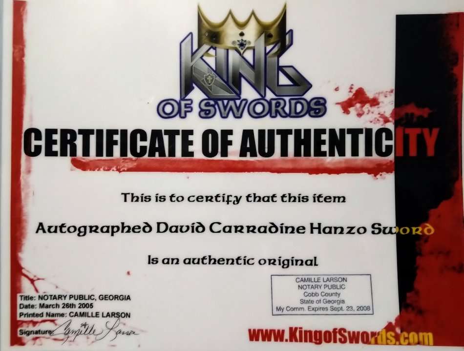 2003 KILL BILL BEATRICE'S HANZO KATANA AUTOGRAPHED BY THE LATE DAVID CARRADINE (1936-2009) WITH COA!