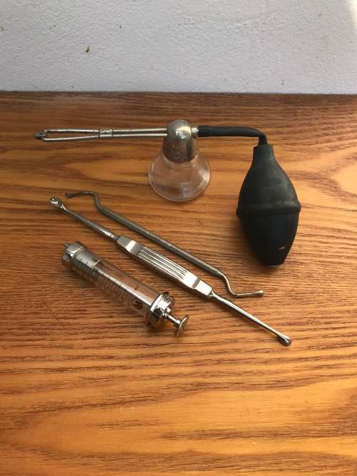 Vintage Medical Tools - Glass Syringe - atomizer etc