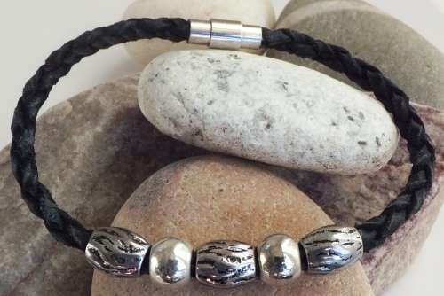 UNISEX BRAIDED REAL LEATHER BRACELET WITH TIBETAN SILVER BEADS AND MAGNETIC CLASP - WHOLESALE PRICE!
