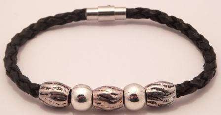 UNISEX BRAIDED REAL LEATHER BRACELET WITH TIBETAN SILVER BEADS AND MAGNETIC CLASP - WHOLESALE PRICE!