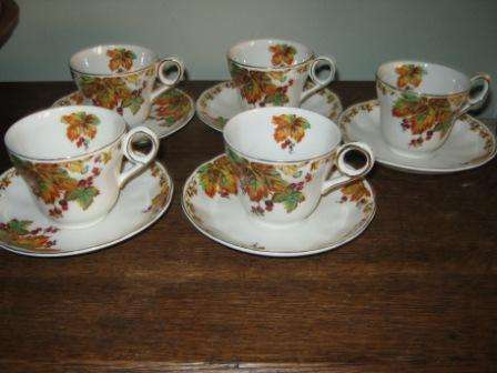 BEAUTIFUL CREAMPETAL CUP & SAUCER X 5 WITH LEAVE DESIGN ~ NO CHIPS OR CRACKS ~HAVE A LOOK!!!