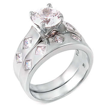 Sterling Silver Illusion Diamond Engagement & Wedding Ring Set