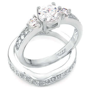 ** Read B4 Bidding ** Sterling Silver Diamond & Diamond ZrO2 Wedding Ring Set / Size 5