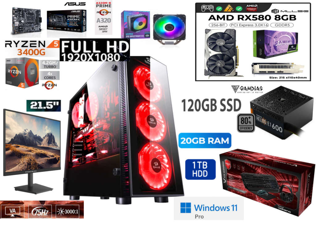 Ryzen 5 Budget Gaming PC with RX 580 8GB & 20GB RAM + 4-in-1 Bundle & 24` 1080p Monitor