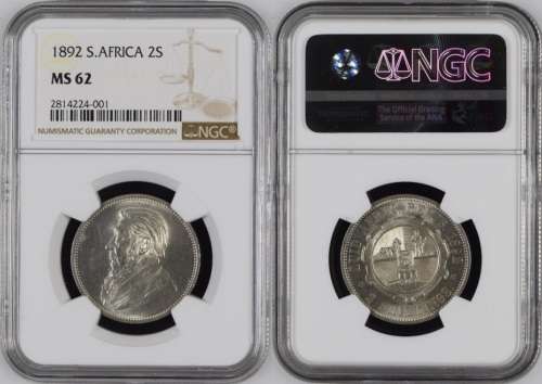 1892 ZAR Kruger 2 Shillings NGC Graded MS62!