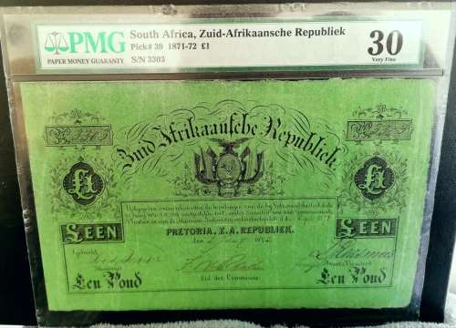 1872 ZAR Bank 1 Pond Banknote PMG Graded