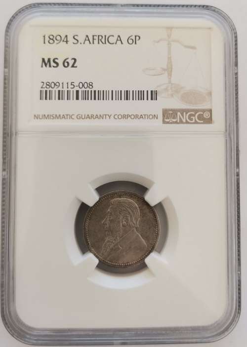 1894 ZAR Kruger 6 Pence NGC Graded MS62
