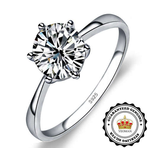 YEOMAN 1 Carat Simulated Diamond Sterling Silver Solitaire Ring. Size 6 / M