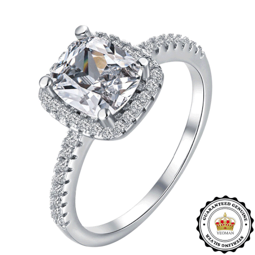 YEOMAN 2.00 carat Cushion Cut Simulated Diamond Sterling Silver Engagement Ring. Size 7 / O