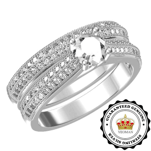 YEOMAN 1.25 Carat Simulated Diamond Sterling Silver Wedding Ring Set. Size 6 / M