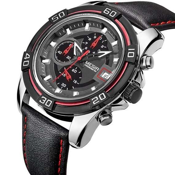 MEGIR MENS CHRONOGRAPH DATE GENUINE LEATHER WATCH - **WORKING SUB-DIALS** - BOX INCLUDED!!!