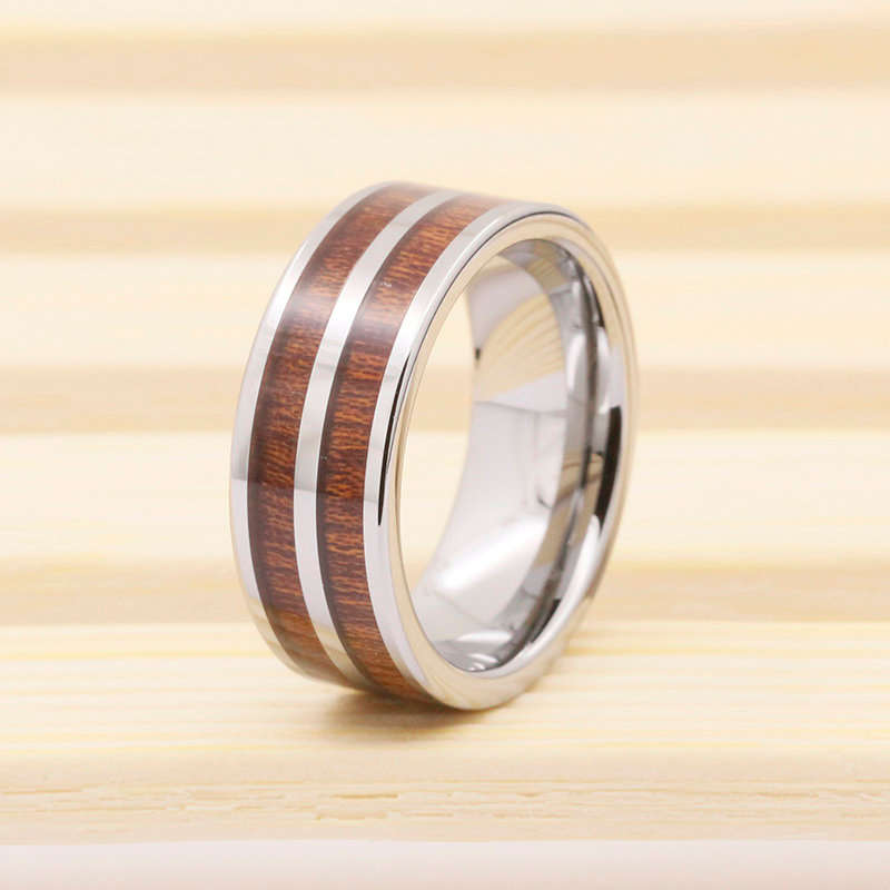 ** ELEGANT [R2300]** Men's Dual Wood Inlay Tungsten Ring. Sizes Available : 9 / 10 / 11 /12 / 13