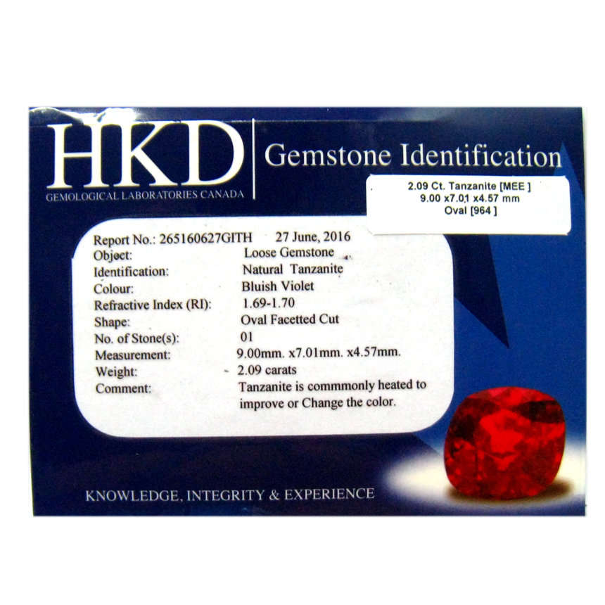 2.09 carat OVAL SHAPED VVS Tanzanite **HKD CERTIFIED**