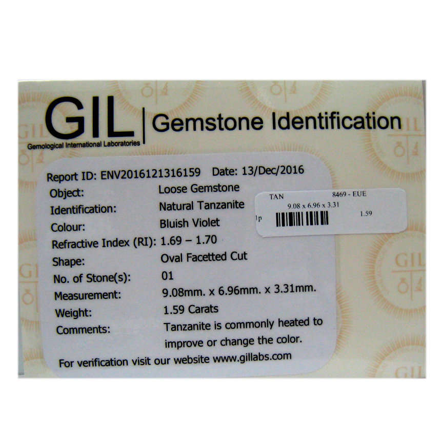 AMAZING!!  1.59 carat OVAL SHAPED VVS Tanzanite **GIL CERTIFIED**