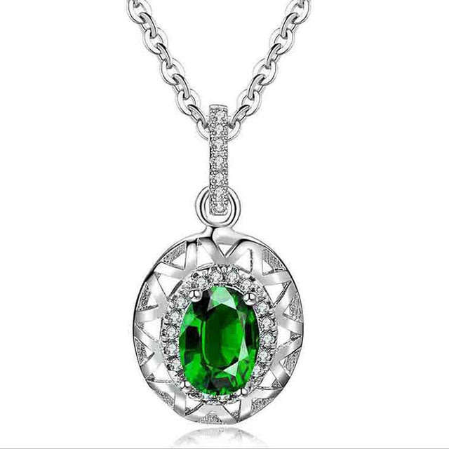 EXQUISITE | Oval Shaped Drop Style Simulated Emerald Pendant Necklace !!!