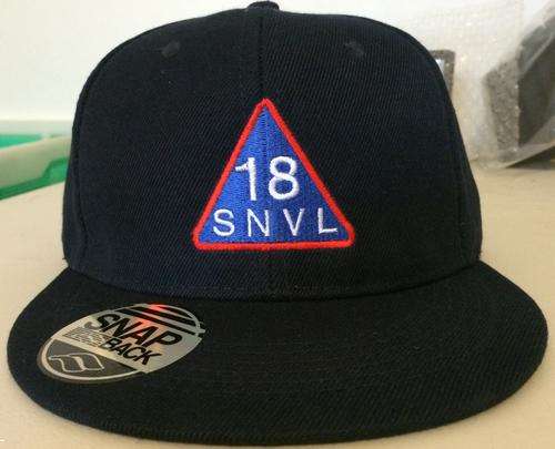 6 Panel Black SNAPBACK Cap-( Flat Peak) - With "18 SNVL" Embroidered