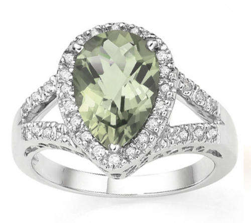 PEAR SHAPE GREEN AMEHTYST W/32 PCS GENUINE DIAMONDS STERLING SILVER RING