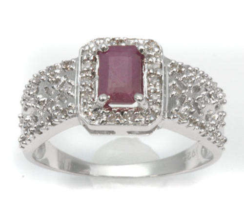 GENUINE RUBY & 48PCS WHITE DIAMOND 0.925 STERLING SILVER RING