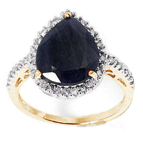 SOLID 9K YELLOW GOLD PEAR CUT GENUINE BLACK SAPPHIRE & DIAMOND RING